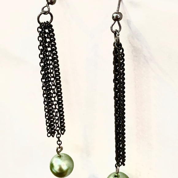 3/$32 Recycled Charcoal Chains/Green Pearl Bead Long Dangle Pierced Earrings - Picture 2 of 7